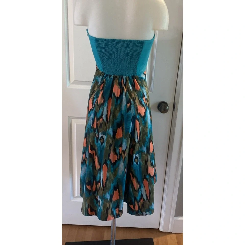 Anthropologie Girls From Savoy Teal‎ Painted Ikat Flared Strapless Dress Size 8